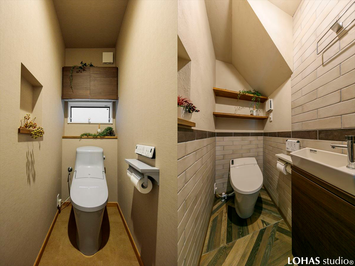 それぞれ素材やタイルを変えながら印象を変えて仕上げたトイレの様子